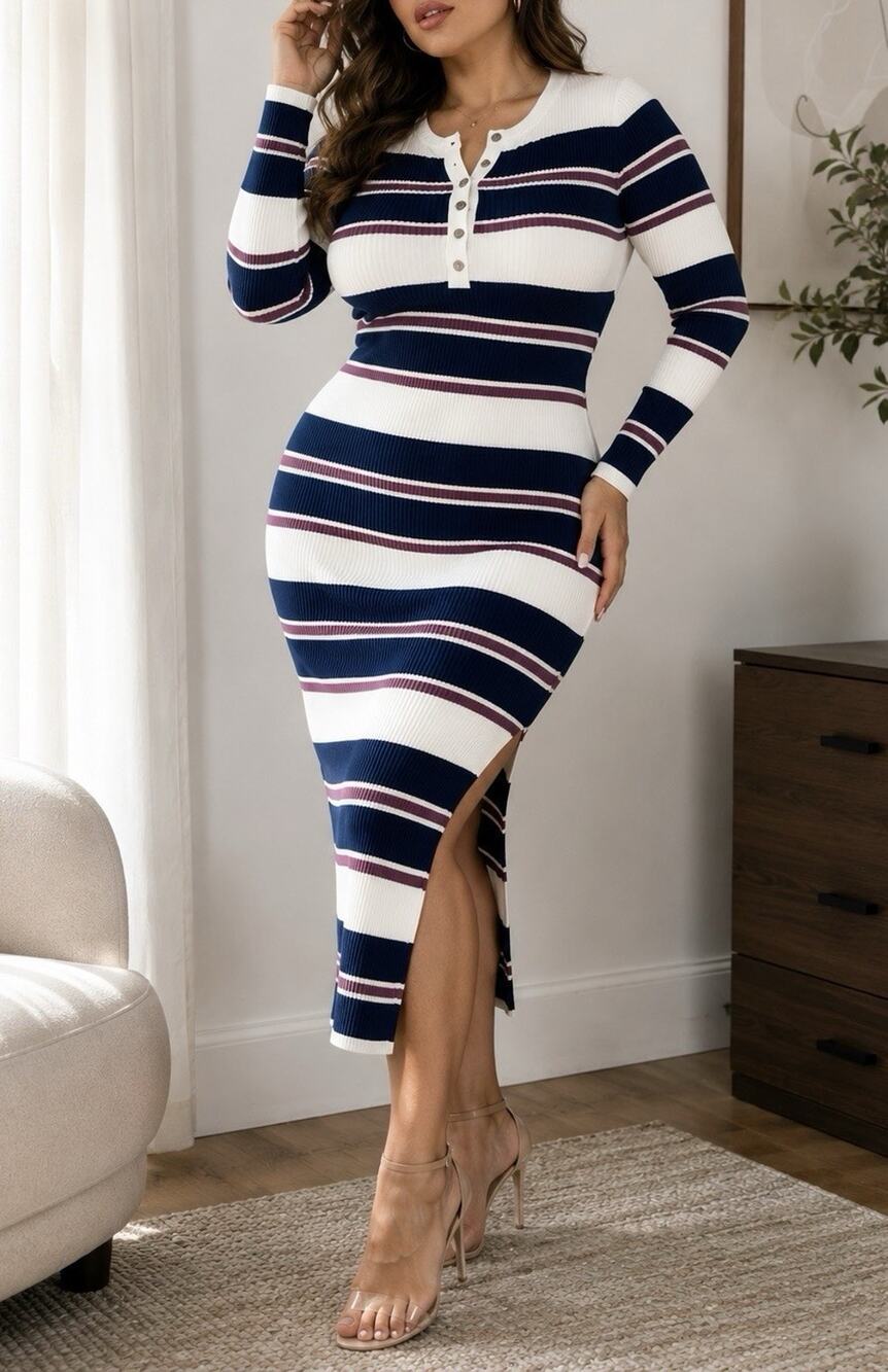 No Comment Ribbed Striped Sweater Dress Women’s Medium Blue White Knit